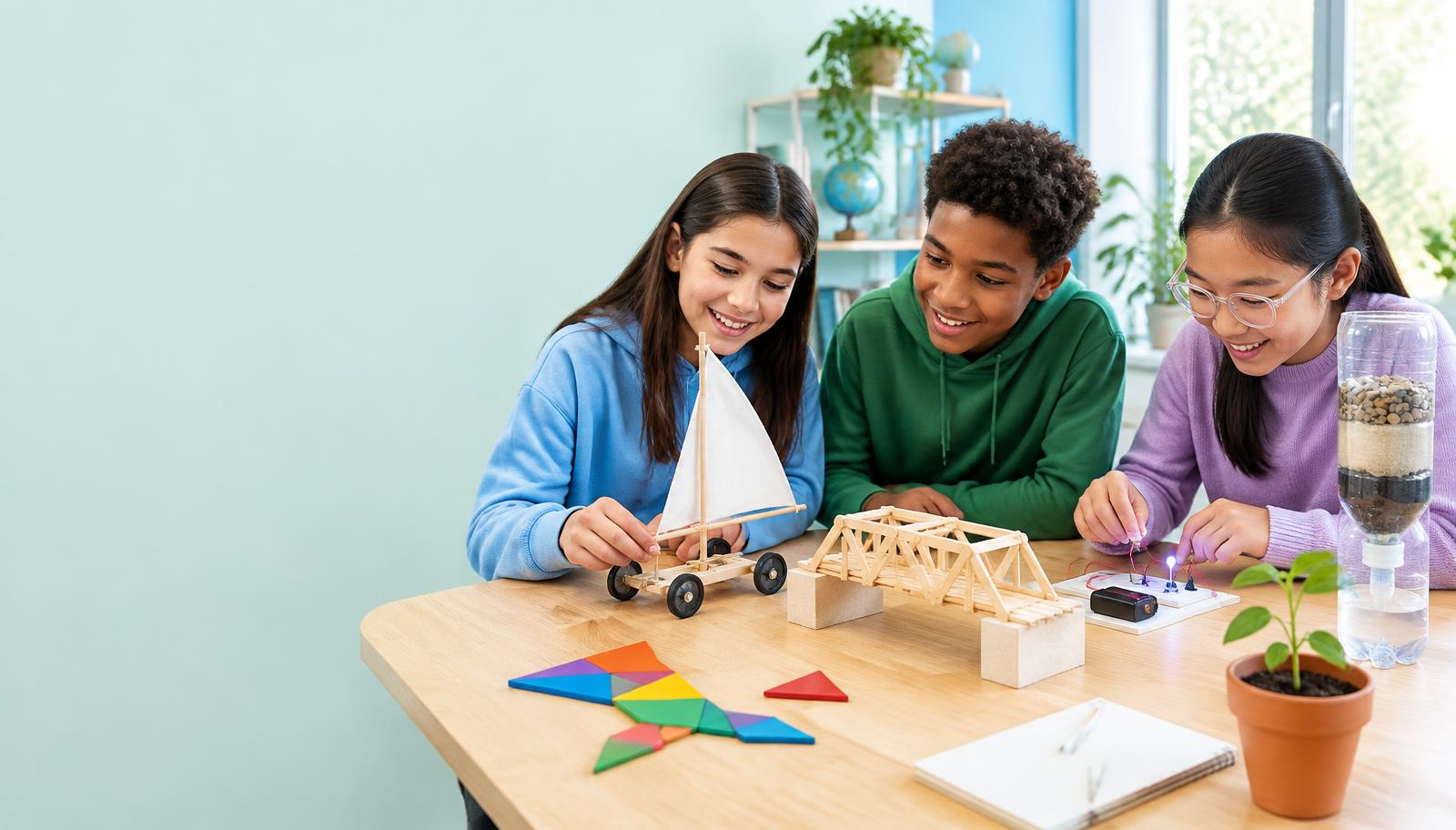 Young makers exploring a sail car, bridge, circuits, shapes and plants